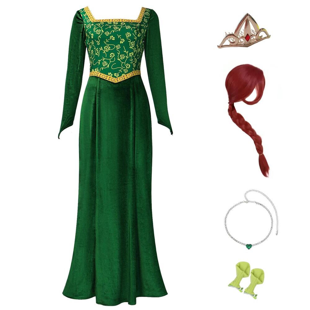 Princess Fiona Costume Set Princess Green Velvet Dress Wig Crown Necklace Ears